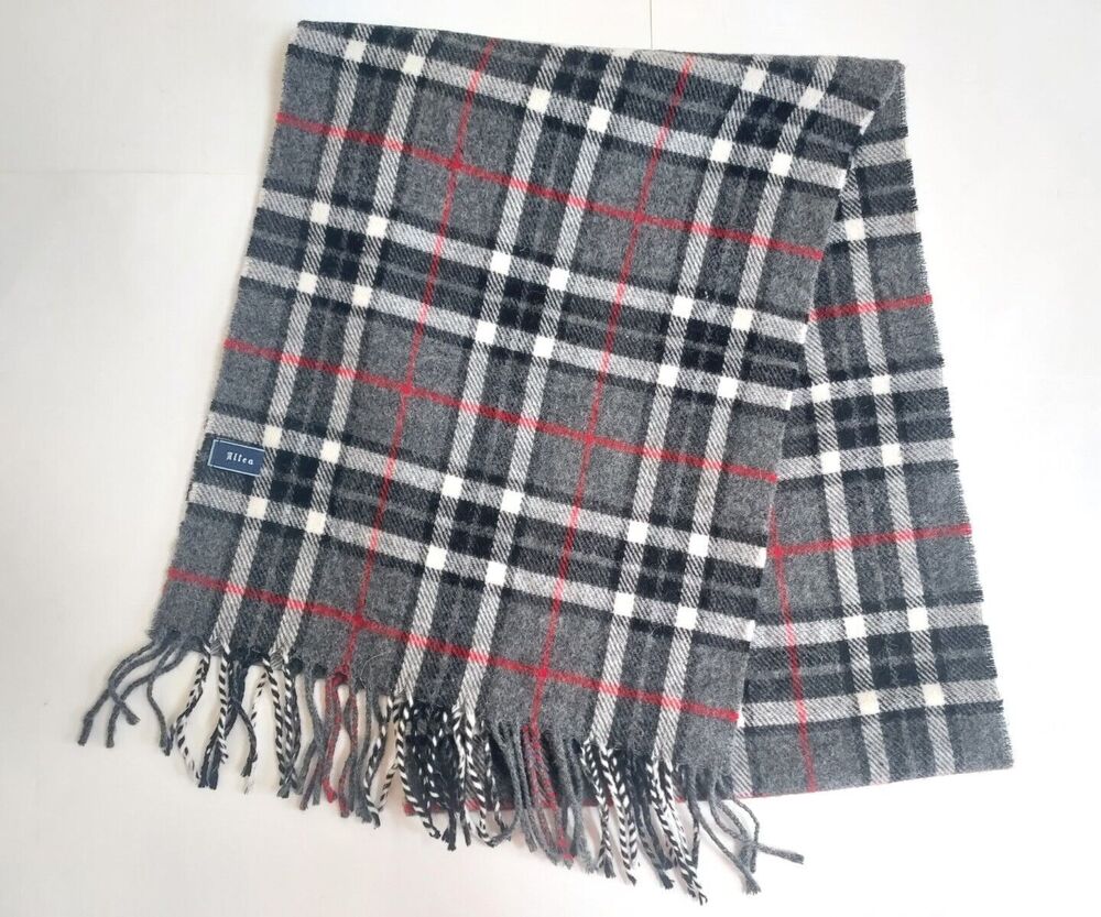 Altea Made In Italy 100% Wool Black/Gray/Red/Cream 12" Wide Fringed Scarf
